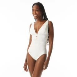 Carmen Marc Valvo Ruched Over The Shoulder One Piece Swimsuit - Sunlit Seas