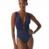 Carmen Marc Valvo Deep Plunge Ruched One Piece Swimsuit - Solids -Swim Wear Shop C2A476 406 R