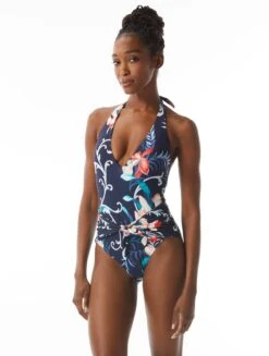 Carmen Marc Valvo V-Neck Halter One Piece Swimsuit - Tivoli Garden