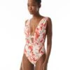 Carmen Marc Valvo Deep Plunge Ruched One Piece Swimsuit - Tiger Lily -Swim Wear Shop C3M476 603 R