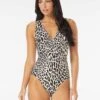 Carmen Marc Valvo V-Neck Surplice One Piece Swimsuit - Foil Jungle Cheetah