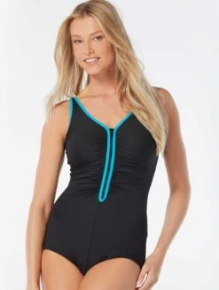 Gabar Chlorine Resistant Shirred Zip One Piece Swimsuit - Color Blocked Solids