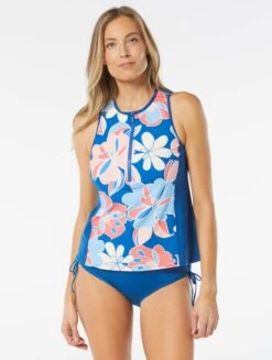 Beach House Sport Racer Zip Front Tankini Top - Sea Lily