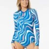 Beach House Sport Sculpt Long Sleeve Zip Front One Piece Swimsuit - Ribbon Stripe