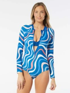 Beach House Sport Sculpt Long Sleeve Zip Front One Piece Swimsuit - Ribbon Stripe -Swim Wear Shop H03871 970 alt02