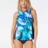 Beach House Sport Racer Zip Front Tankini Top - Geo Palm
