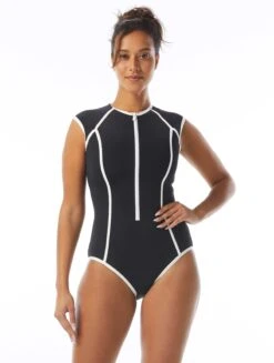 Beach House Sport Endurance Zip Front One Piece Swimsuit - Piping