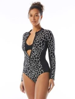 Beach House Sport Sculpt Long Sleeve Zip Front One Piece Swimsuit - Desert Giraffe
