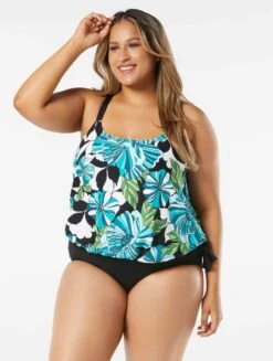 Beach House Swim Plus Size Sarah Side Tie Blouson Tankini Top - Deco Garden -Swim Wear Shop HW06012 001 R