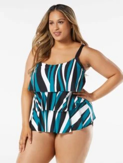 Beach House Swim Plus Size Jane Ruffle Tiered Tankini Top - Wave Pool Stripe -Swim Wear Shop HW08096 001 R
