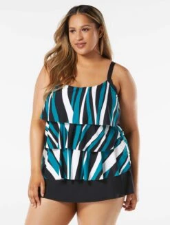 Beach House Swim Plus Size Jane Ruffle Tiered Tankini Top - Wave Pool Stripe -Swim Wear Shop HW08096 001 alt02 R
