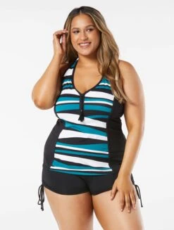 Beach House Swim Plus SIze Erinna Racerback Zipper Front Tankini Top - Wave Pool Stripe -Swim Wear Shop HW08266 001 alt02 R