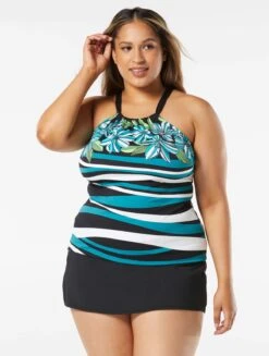 Beach House Swim Plus Size Blair High Neck Tankini Top - Deco Border -Swim Wear Shop HW10130 001 alt02 R