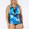 Beach House Sport Plus Size Racer Zip Front Tankini Top - Geo Palm -Swim Wear Shop HW18388 511