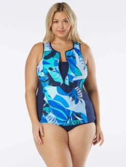 Beach House Sport Plus Size Racer Zip Front Tankini Top - Geo Palm