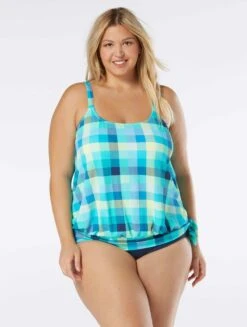 Beach House Swim Plus Size Sarah Side Tie Blouson Tankini Top - Picnic Plaid
