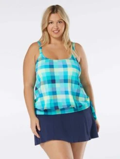 Beach House Swim Plus Size Sarah Side Tie Blouson Tankini Top - Picnic Plaid -Swim Wear Shop HW48372 511 alt02