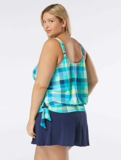Beach House Swim Plus Size Sarah Side Tie Blouson Tankini Top - Picnic Plaid -Swim Wear Shop HW48372 511 alt03