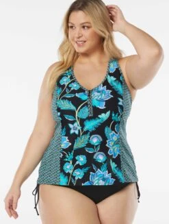 Beach House Swim Plus Size Erinna Racerback Zipper Front Tankini Top - Vineyard Floral
