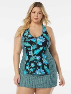 Beach House Swim Plus Size Erinna Racerback Zipper Front Tankini Top - Vineyard Floral -Swim Wear Shop HW95266 001 alt02