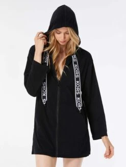 MICHAEL Michael Kors Zip Front Hooded Cover Up - Logo Elastic Solids -Swim Wear Shop MM2M595 001 alt03