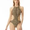 MICHAEL Michael Kors Zip Front Cut Out One Piece Swimsuit - Abstract Animal -Swim Wear Shop MM3K466 261 R