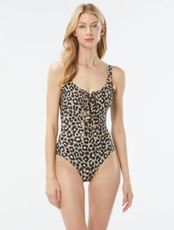 Swim Wear Shop 7 MICHAEL Michael Kors Lace Up One Piece Swimsuit - Graphic Cheetah