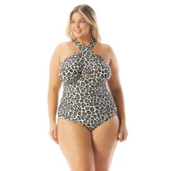 MICHAEL Michael Kors Plus Size Shirred Cross Front One Piece Swimsuit - Leopard