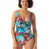 Coco Contours Solitaire V-Neck Bra Sized Underwire One Piece Swimsuit - Watercolor Leaf