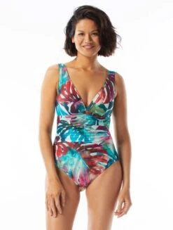 Coco Contours Solitaire V-Neck Bra Sized Underwire One Piece Swimsuit - Watercolor Leaf