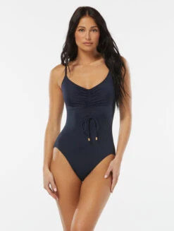 Vince Camuto Cinch Front V-Neck One Piece Swimsuit - Solids