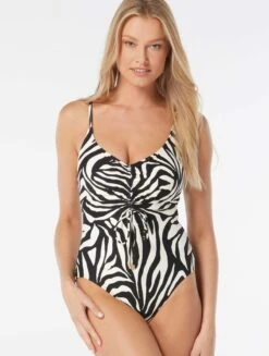 Swim Wear Shop 3 Vince Camuto Cinch Front V-Neck One Piece Swimsuit - Optic Zebra