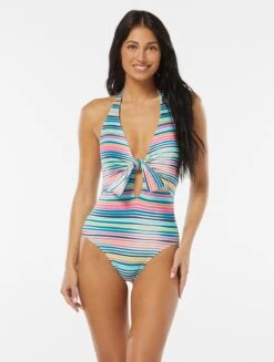 Vince Camuto Tie Front Halter One Piece Swimsuit - Sunbeam Stripe