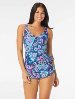 Swim Wear Shop 26 Roxanne Bra Sized V-Neck Sarong One Piece Swimsuit - Royal Paisley