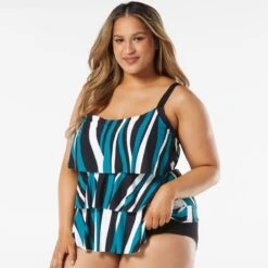 Beach House Swim Plus Size Jane Ruffle Tiered Tankini Top - Wave Pool Stripe -Swim Wear Shop hw08096 001 alt04 1