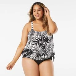 Beach House Swim Plus Size Sarah Side Tie Blouson Tankini Top - Abstract Palm