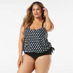 Beach House Swim Plus Size Sarah Side Tie Blouson Tankini Top - Retro Dot