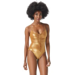 Vince Camuto Cinch Front V-Neck One Piece Swimsuit - Metallic Shimmer